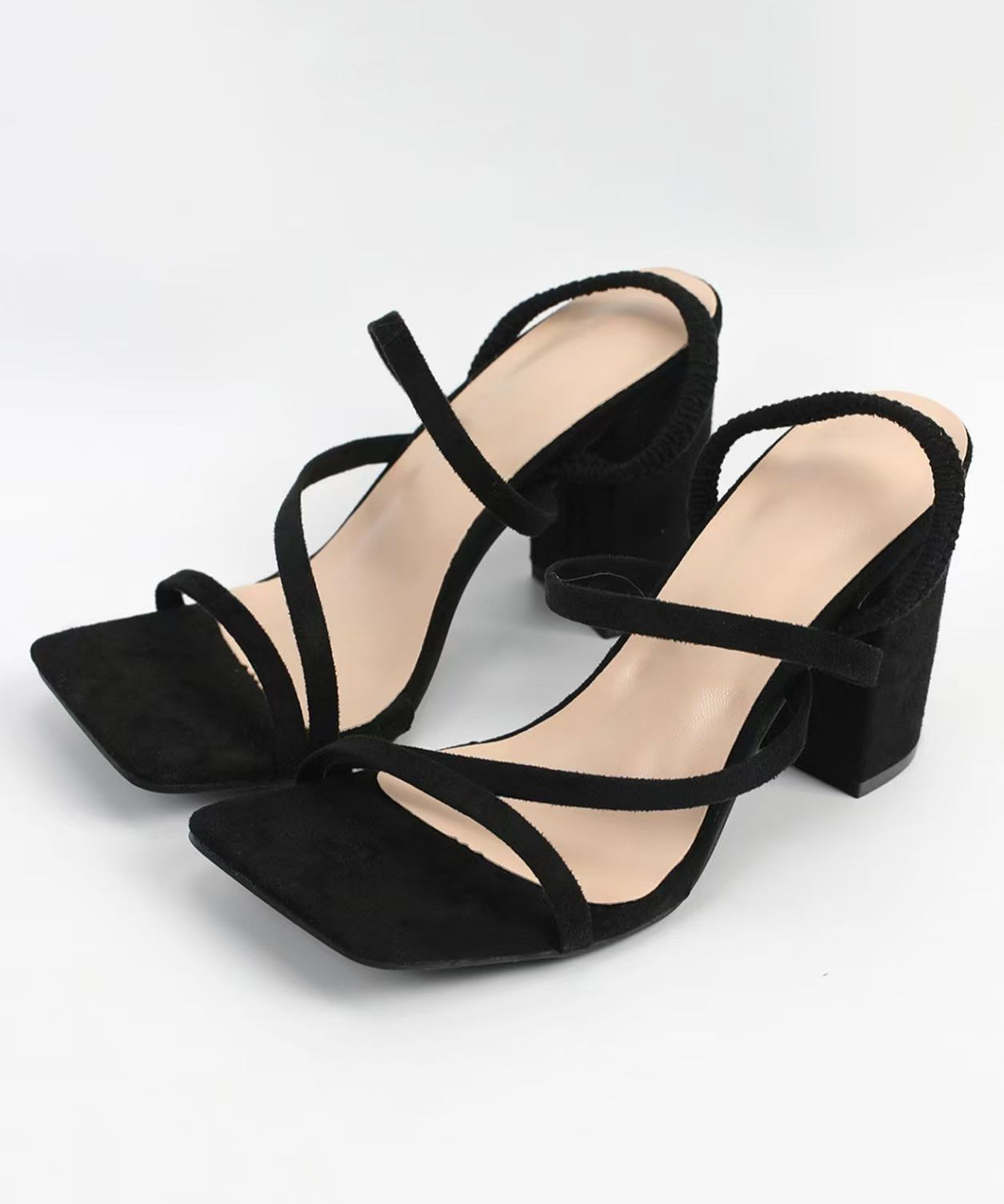 Boutique Black Suede Toe Cross Sandals Chunky Peep Strap