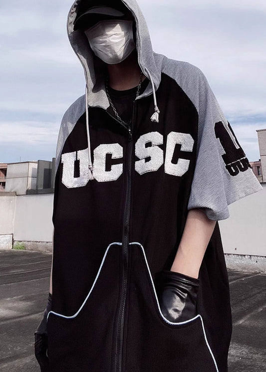 Short Boutique Black Men Sweatshirt Cotton Patchwork Hooded