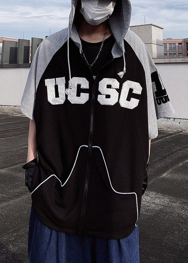 Short Boutique Black Men Sweatshirt Cotton Patchwork Hooded