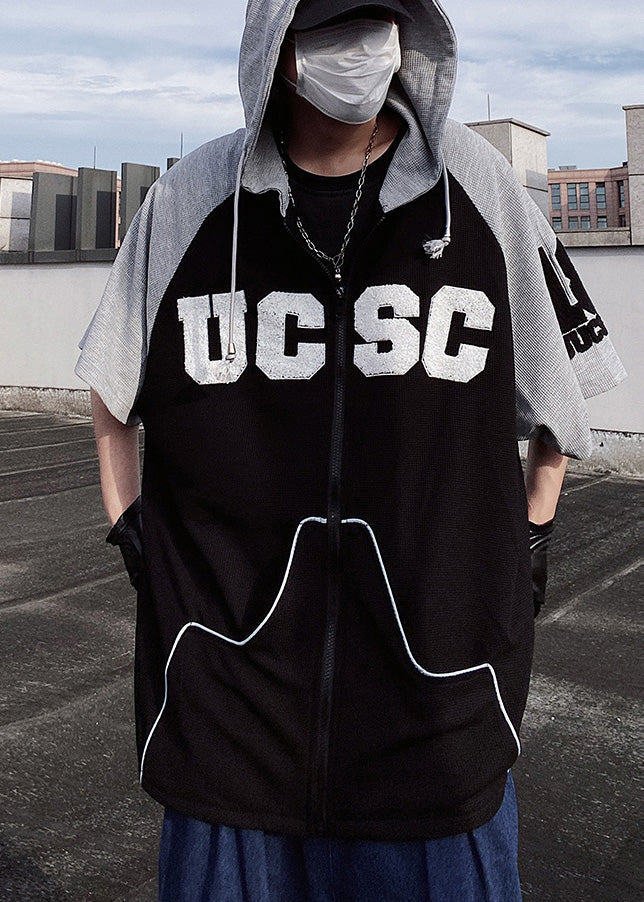 Short Boutique Black Men Sweatshirt Cotton Patchwork Hooded