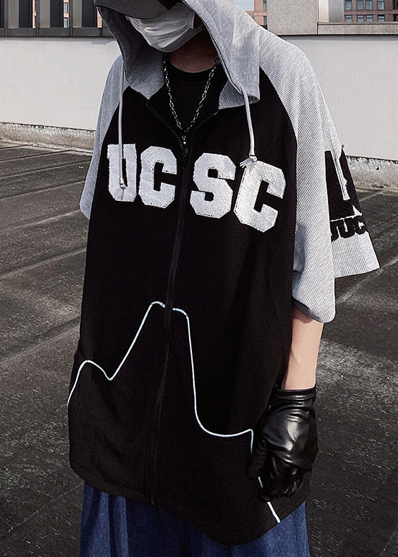 Short Boutique Black Men Sweatshirt Cotton Patchwork Hooded