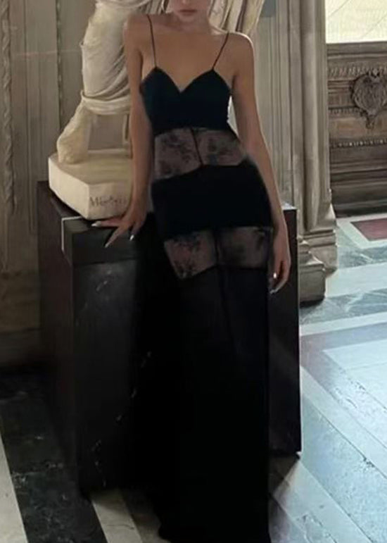 Silk Summer Spaghetti Strap Lace Patchwork Dress Boutique Black