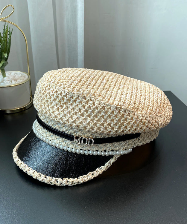 Straw Bead Nail Beret Boutique Black Hat Woven Zircon