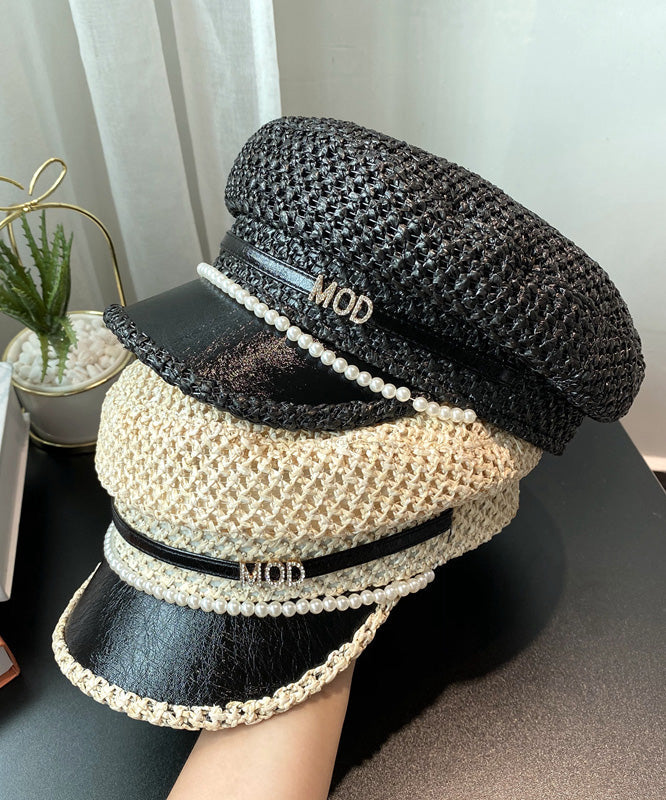 Straw Bead Nail Beret Boutique Black Hat Woven Zircon