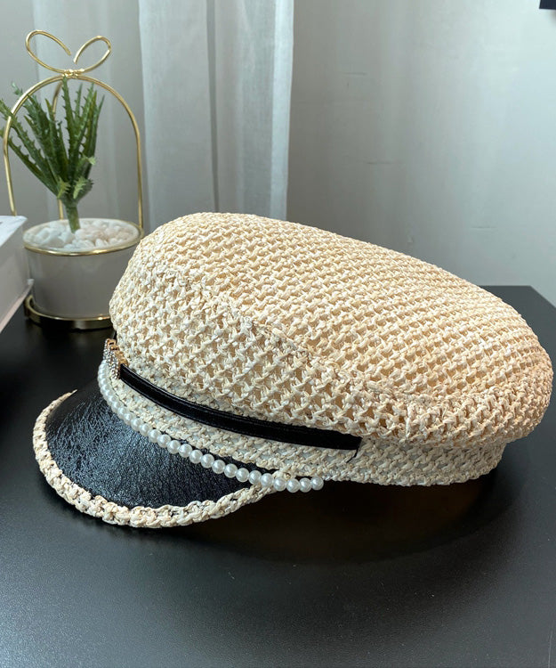 Straw Bead Nail Beret Boutique Black Hat Woven Zircon