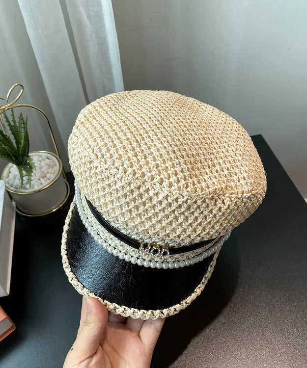 Straw Bead Nail Beret Boutique Black Hat Woven Zircon