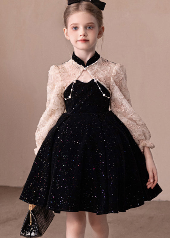 Boutique Black Stand Collar Lace Patchwork Kids Party Mid Dress Fall RP039