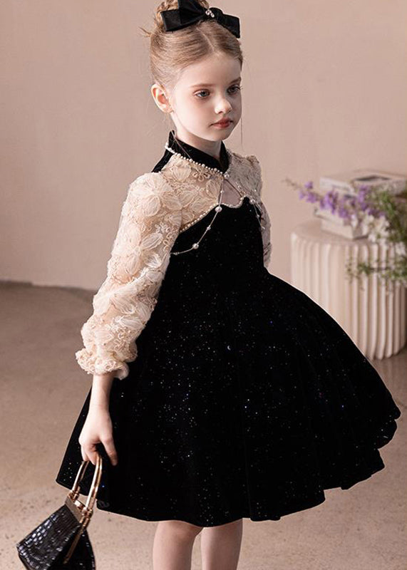 Boutique Black Stand Collar Lace Patchwork Kids Party Mid Dress Fall RP039