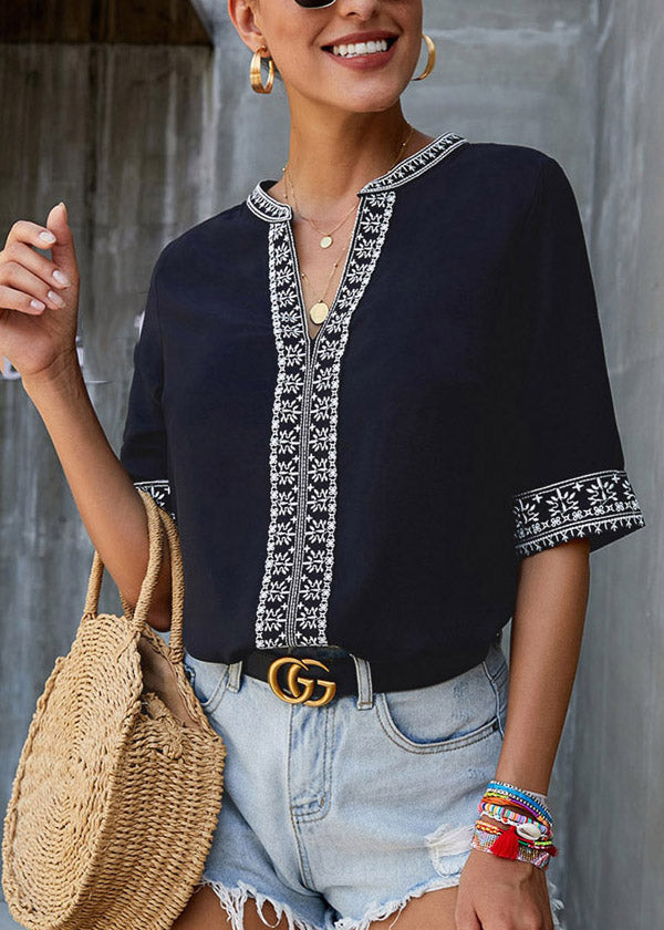 Patchwork Boutique Sleeve Neck V Short Top Black