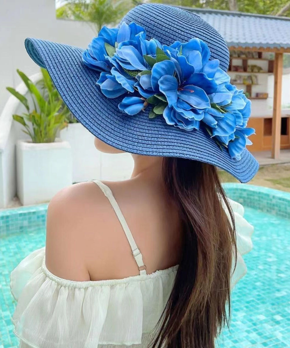 Boutique Blue Floral Straw Woven Holiday Sun Hat YU1004