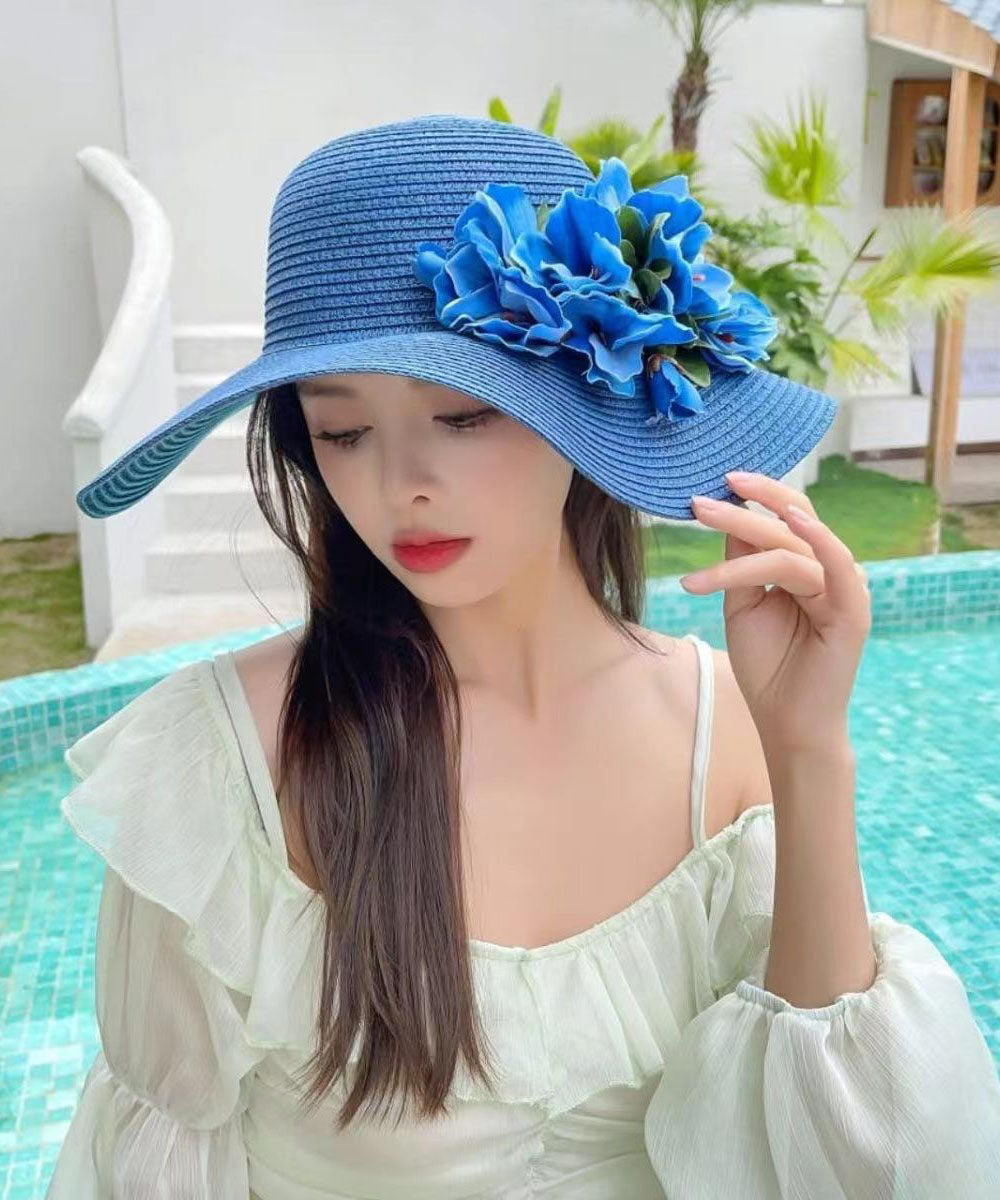 Boutique Blue Floral Straw Woven Holiday Sun Hat YU1004