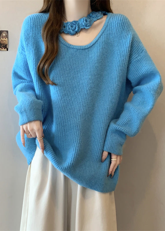 Boutique Blue Hollow Out Floral Knit Sweater Winter RG031