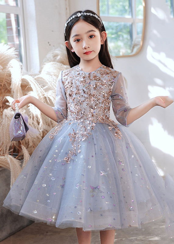 Boutique Blue O-Neck Sequins Patchwork Tulle Kids Long Dress Half Sleeve QV007