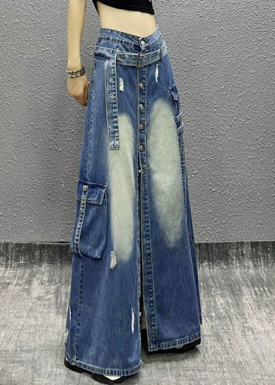 Boutique Blue Pockets Patchwork Front Open Denim Skirt Fall RI005