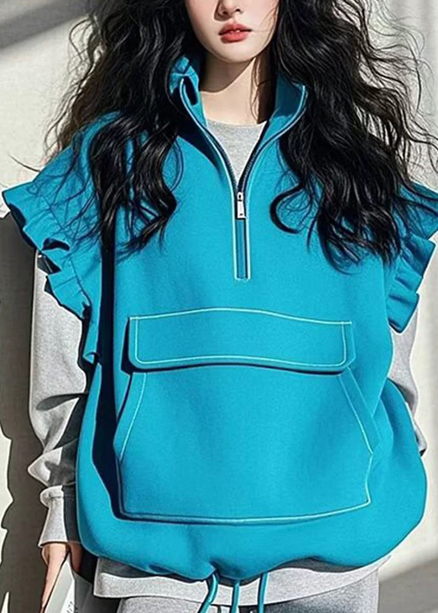 Boutique Blue Ruffled Patchwork Drawstring Cotton Vest Sleeveless TN042