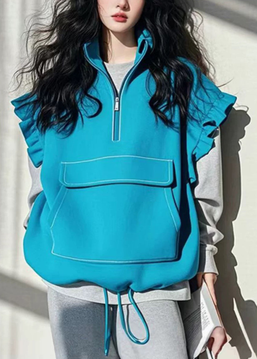 Boutique Blue Ruffled Patchwork Drawstring Cotton Vest Sleeveless TN042