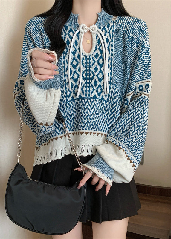 Boutique Blue Tasseled Jacquard Knit Short Sweater Winter RG026