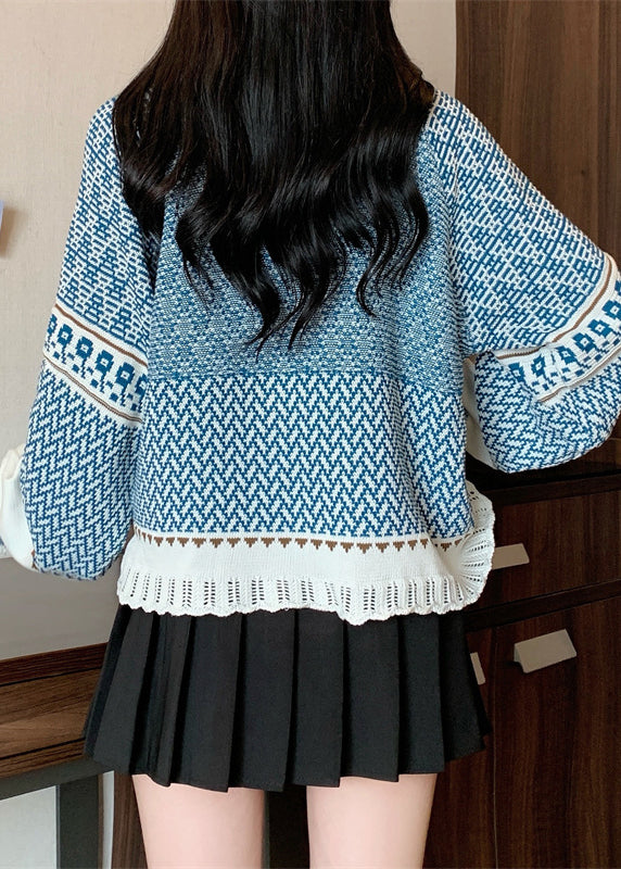 Boutique Blue Tasseled Jacquard Knit Short Sweater Winter RG026