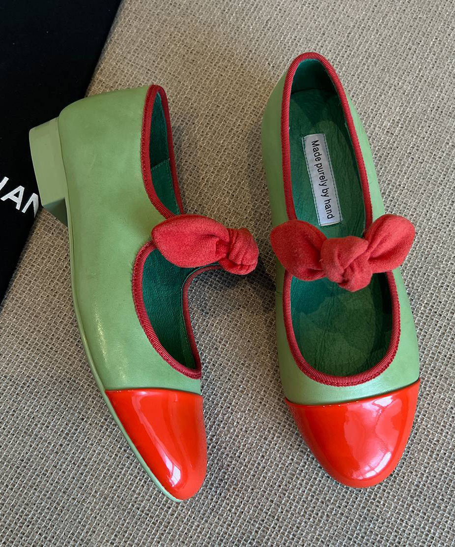 Feet Shoes Cowhide Bow Splicing Boutique Flat Leather Green