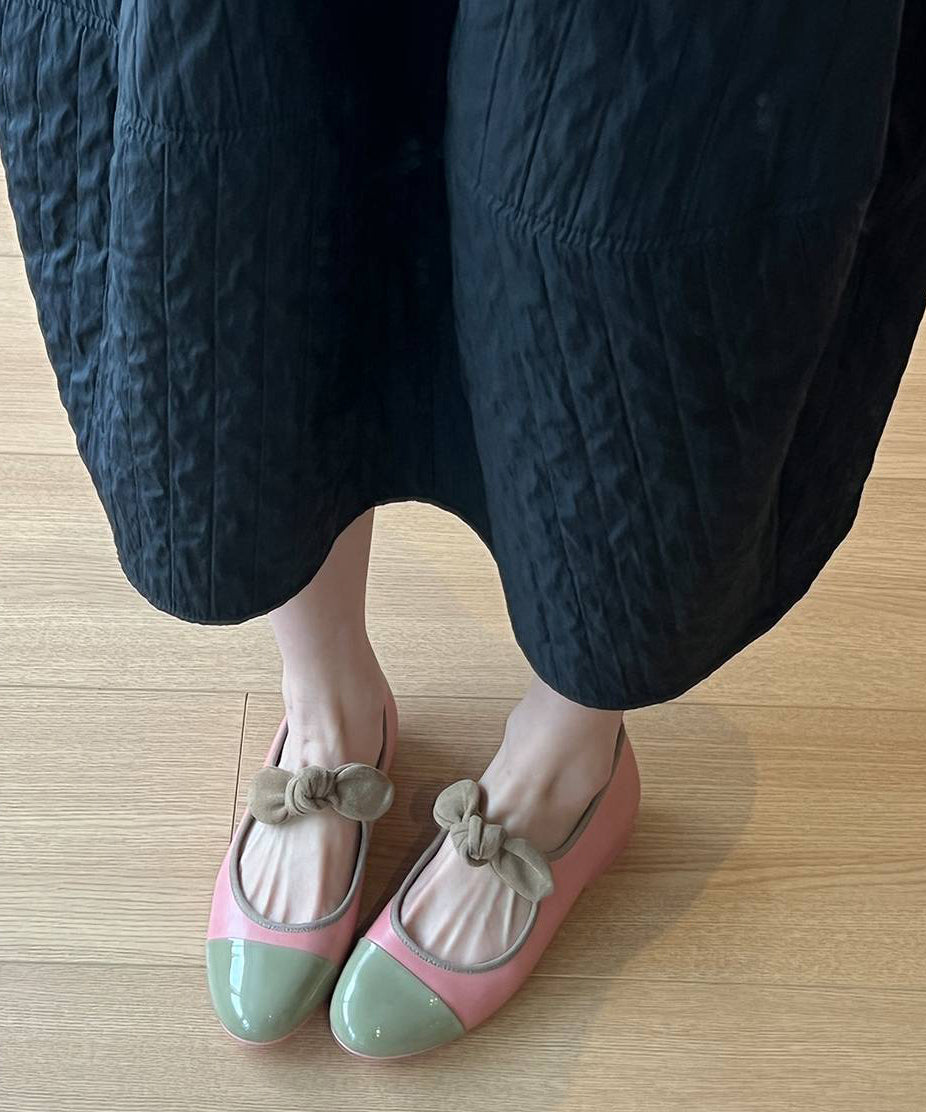 Feet Shoes Cowhide Bow Splicing Boutique Flat Leather Green