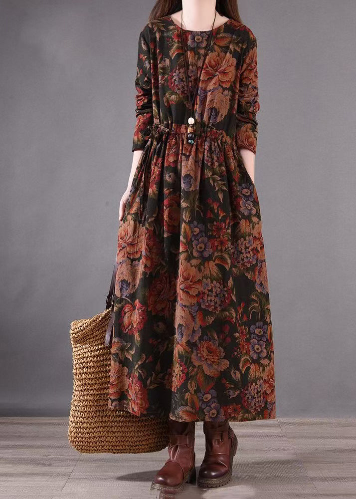 Brown Print Holiday Cotton Boutique Spring Cinched Dress