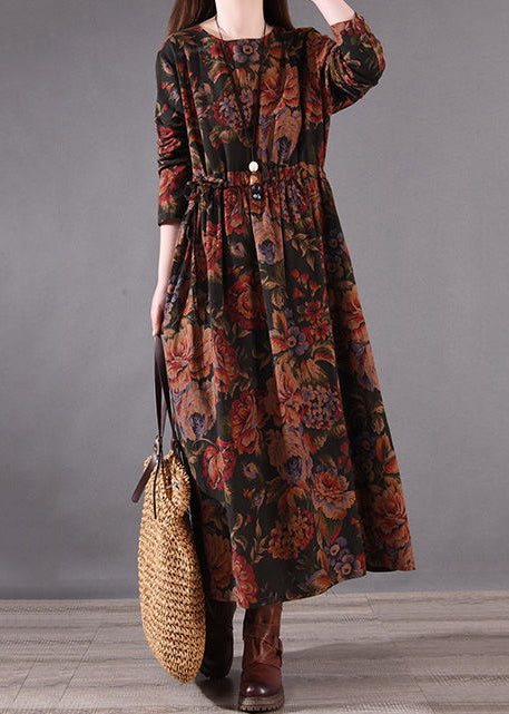 Cotton Boutique Holiday Print Spring Cinched Dress Brown