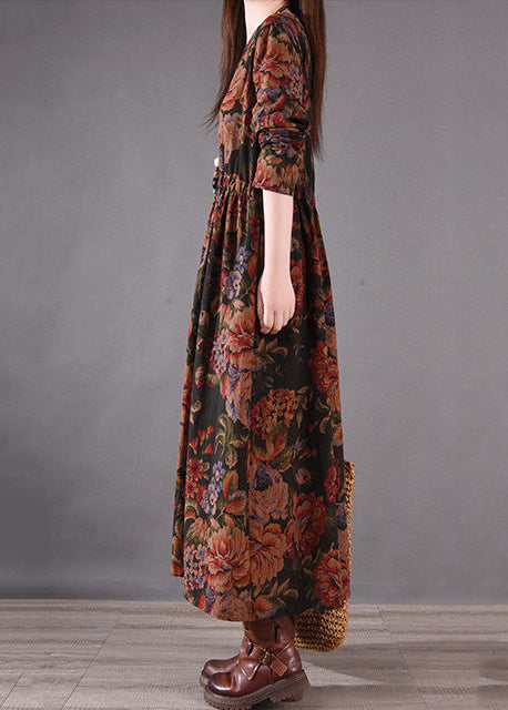 Brown Print Holiday Cotton Boutique Spring Cinched Dress