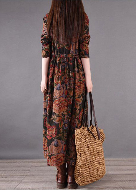 Brown Print Holiday Cotton Boutique Spring Cinched Dress