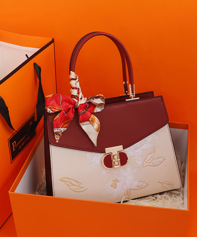 Calf Boutique Bag Tote Embroidery Leather Colorblock