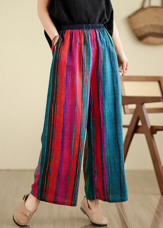 Boutique Colorblock Pockets Striped Linen Wide Leg Pants Summer TH052