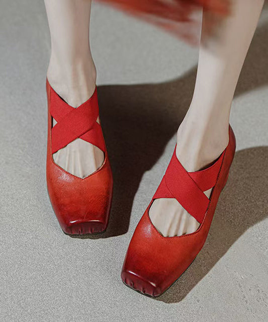 Horsehide Chunky Red Leather Strap Heel Splicing Cross Boutique