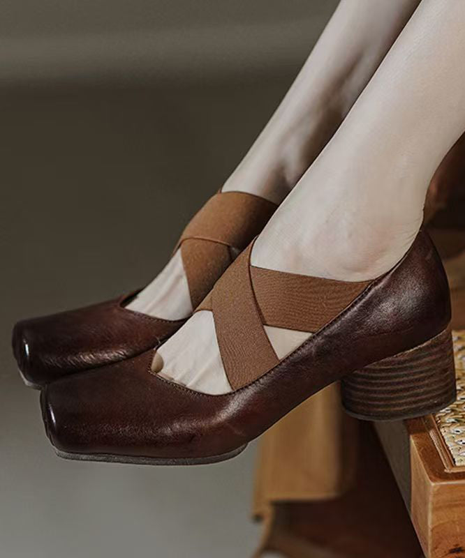 Horsehide Chunky Red Leather Strap Heel Splicing Cross Boutique