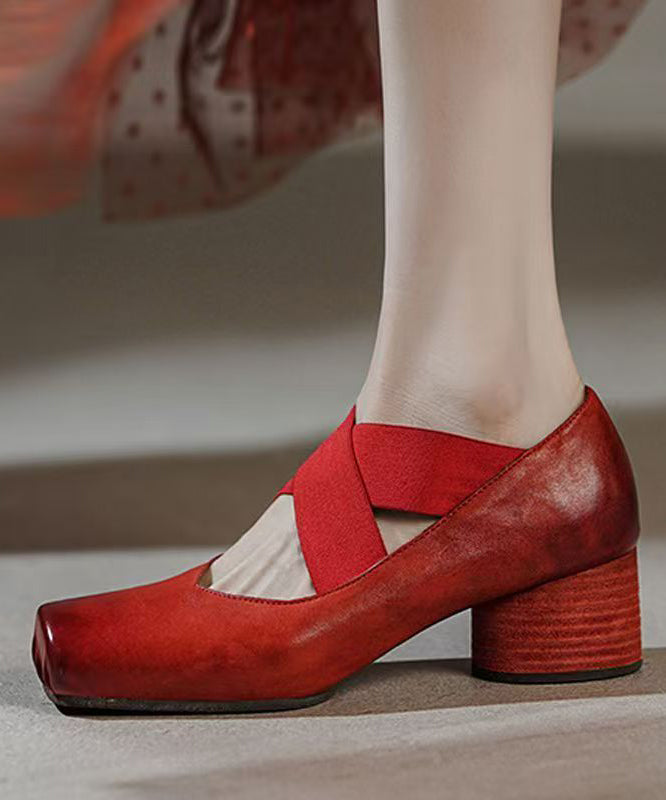 Horsehide Chunky Red Leather Strap Heel Splicing Cross Boutique