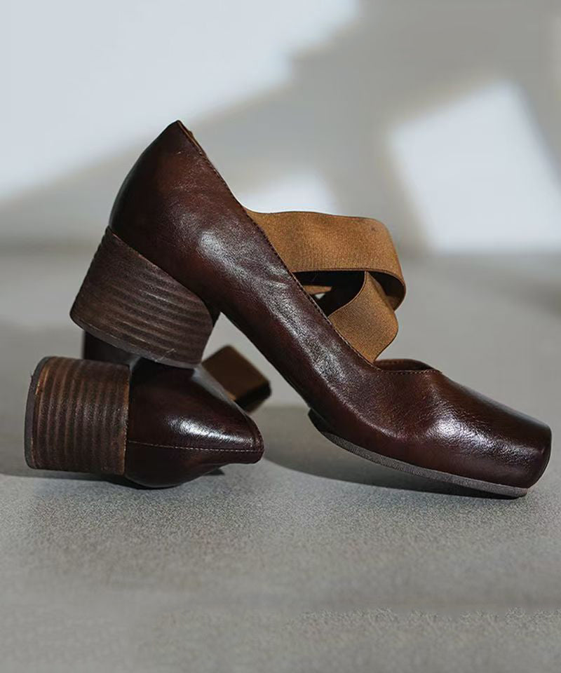 Horsehide Chunky Red Leather Strap Heel Splicing Cross Boutique