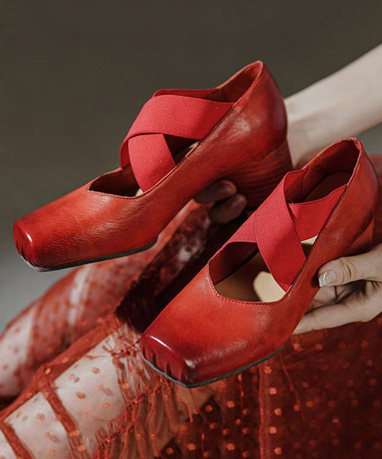 Horsehide Chunky Red Leather Strap Heel Splicing Cross Boutique