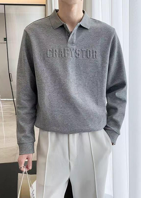 Boutique Dark Grey Button Letter Cotton Men Polo Shirt Spring TC025