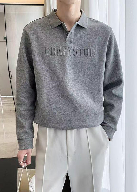 Boutique Dark Grey Button Letter Cotton Men Polo Shirt Spring TC025