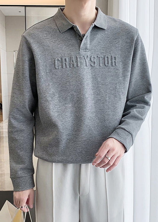 Boutique Dark Grey Button Letter Cotton Men Polo Shirt Spring TC025