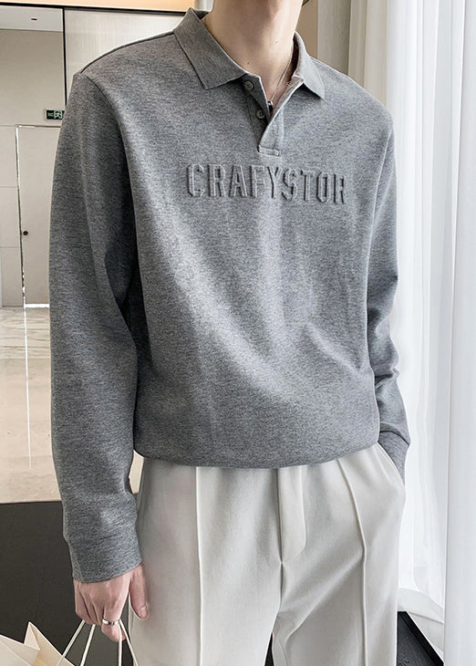 Boutique Dark Grey Button Letter Cotton Men Polo Shirt Spring TC025