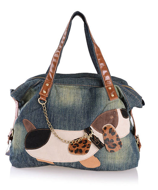 Boutique Denim Blue Patchwork Canvas Satchel Handbag MM088