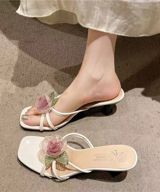 Boutique French Beige Slide Sandals Floral Peep Toe KJ043