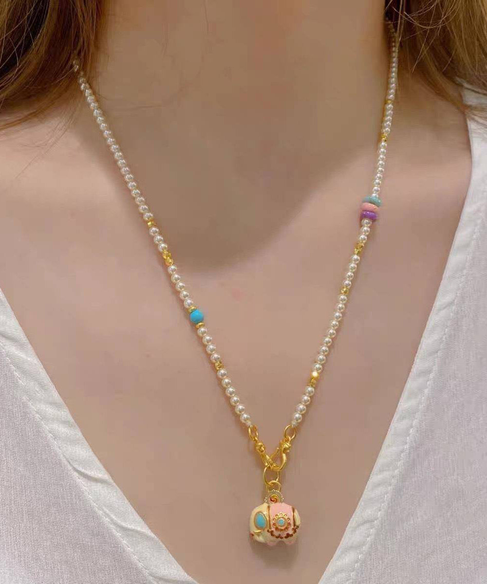 Little Pendant Elephant Necklace Beads Boutique Gold Pearl Alloy