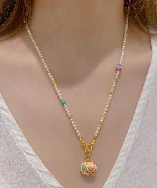 Little Pendant Elephant Necklace Beads Boutique Gold Pearl Alloy