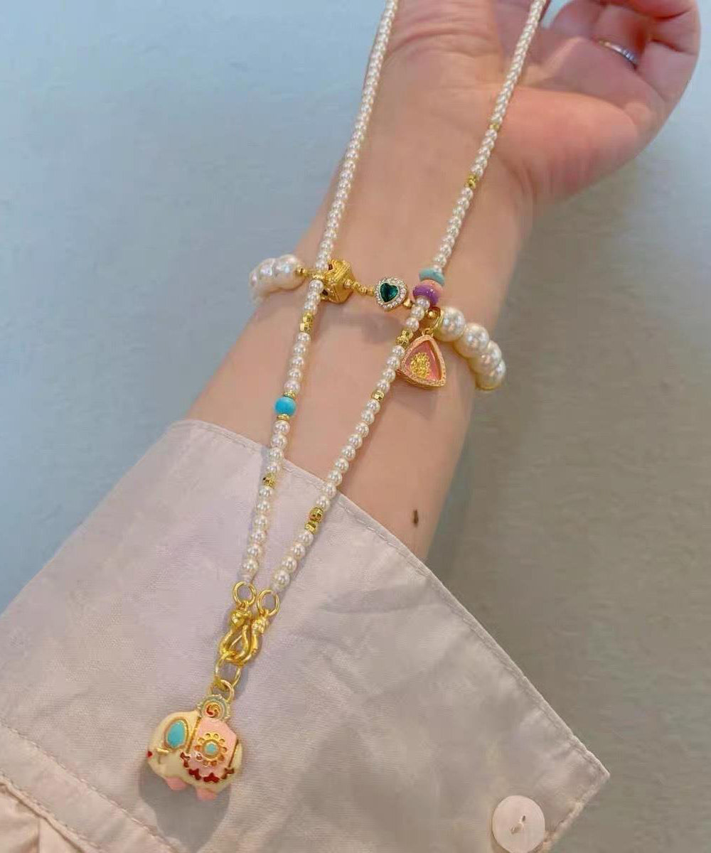 Little Pendant Elephant Necklace Beads Boutique Gold Pearl Alloy