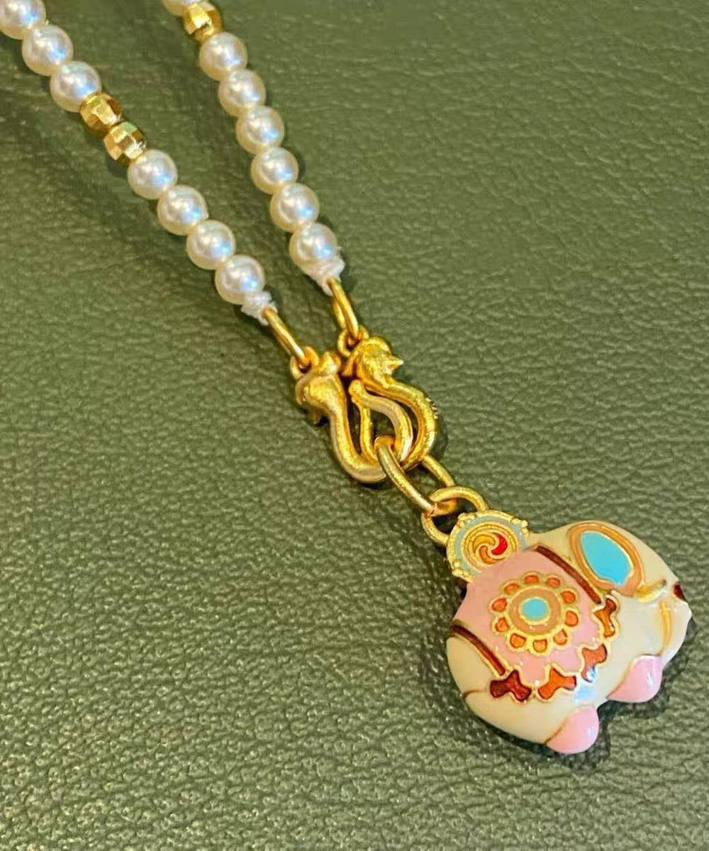 Little Pendant Elephant Necklace Beads Boutique Gold Pearl Alloy