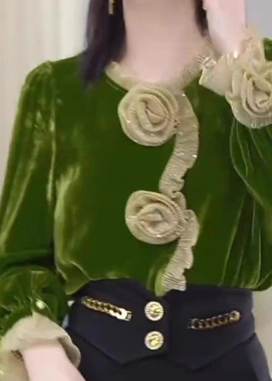 Boutique Green Ruffled Floral Velour Blouse Tops Fall WP024