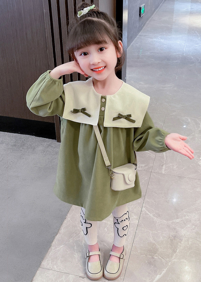 Boutique Green Sailor Collar Print Kids Mid Dresses Fall SS1053