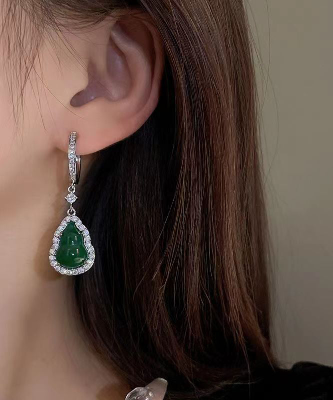 Boucles d'oreilles pendantes en argent sterling vert incrustées de zircons et de jade ZZ076