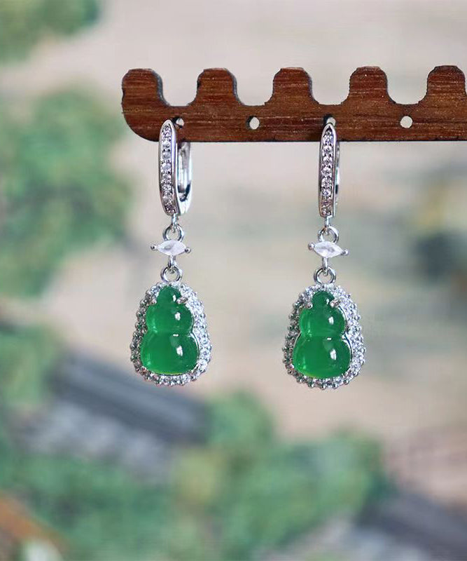 Boucles d'oreilles pendantes en argent sterling vert incrustées de zircons et de jade ZZ076