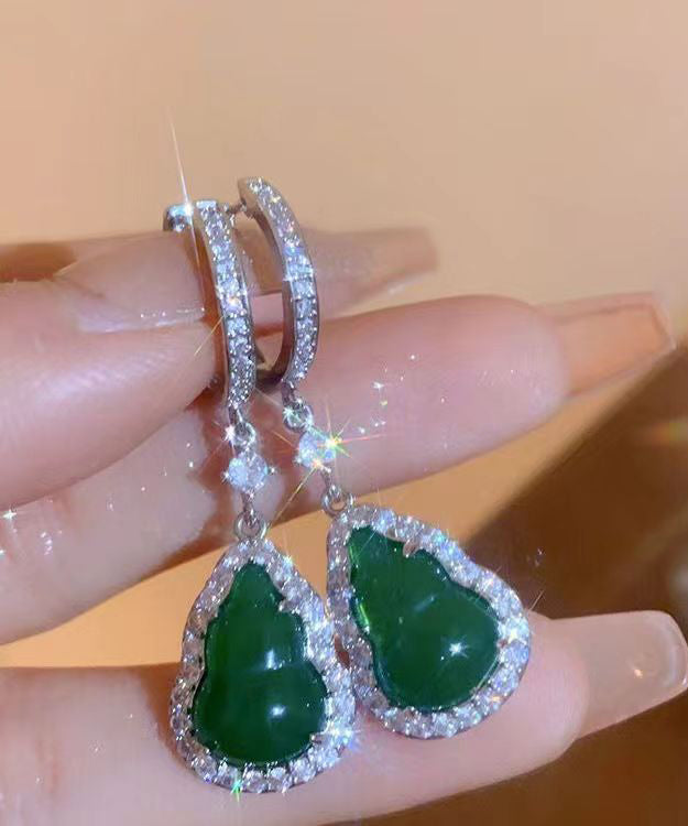 Boucles d'oreilles pendantes en argent sterling vert incrustées de zircons et de jade ZZ076